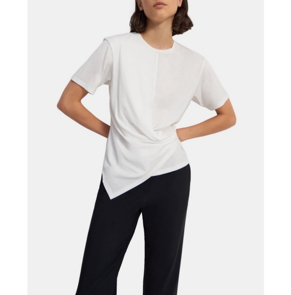 Theory Pima Cotton White Sleeveless Front Drape Asymmetrical Top Wrap Minimalist